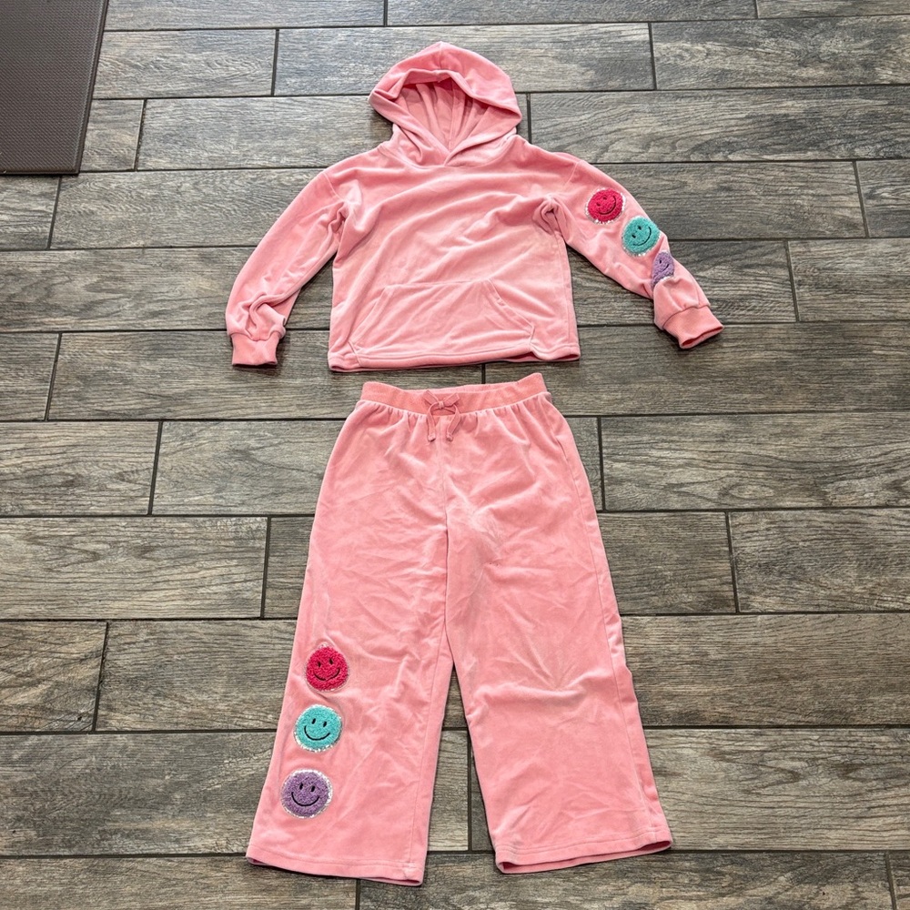 Pink Velour Hoodie & Pants Set with Colorful Smiley Patches